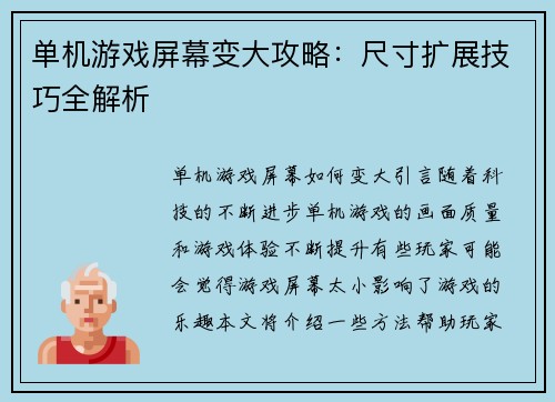 单机游戏屏幕变大攻略：尺寸扩展技巧全解析